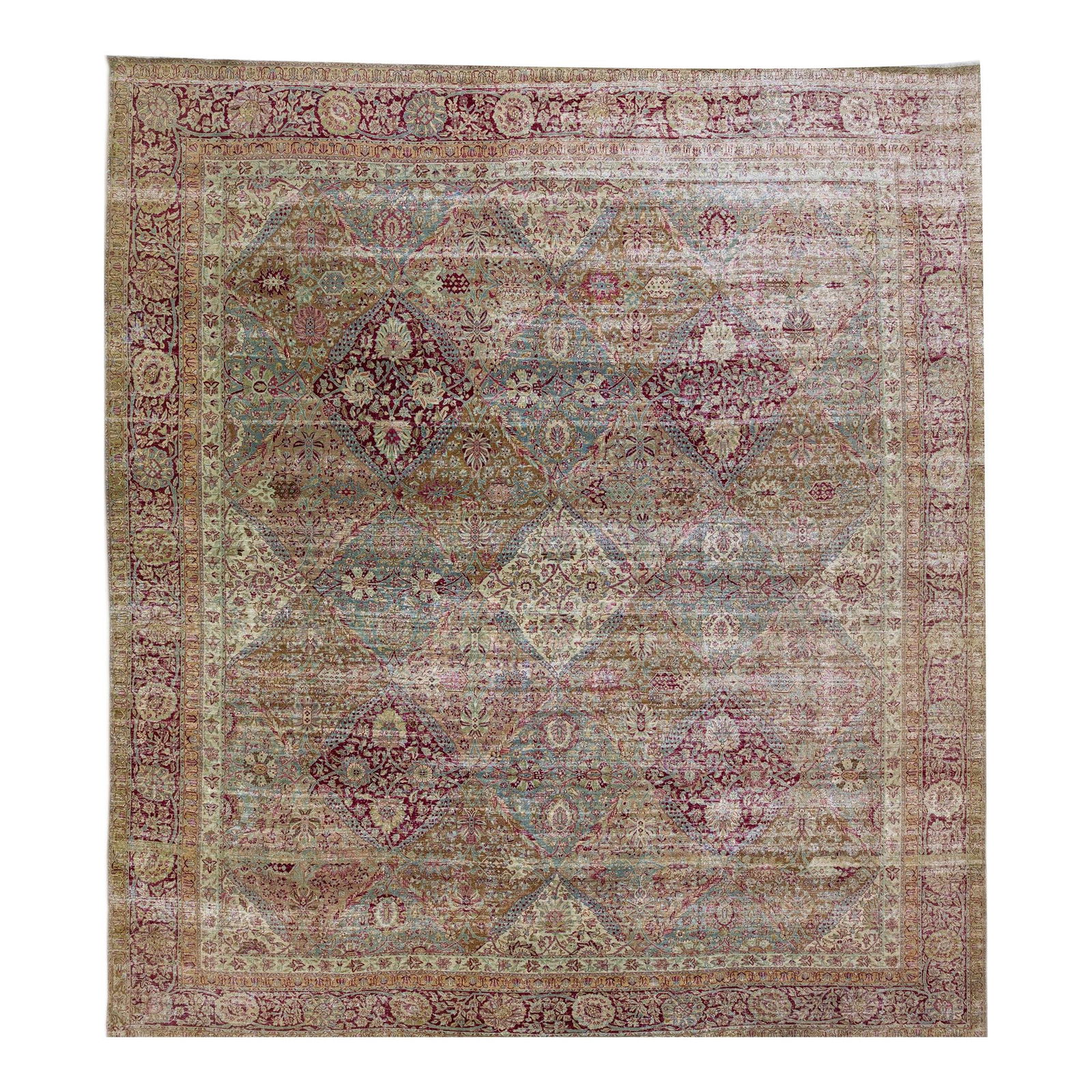 Antique Kerman Brown Hand-Knotted Floral Wool Rug 12'4 x 13'10: Antique Kerman Brown Hand-Knotted Floral Wool Rug 12'4 x 13'10 This exquisite antique Kerman rug features a stunning hand-knotted wool construction with a rich brown field adorned with a vibrant flora
