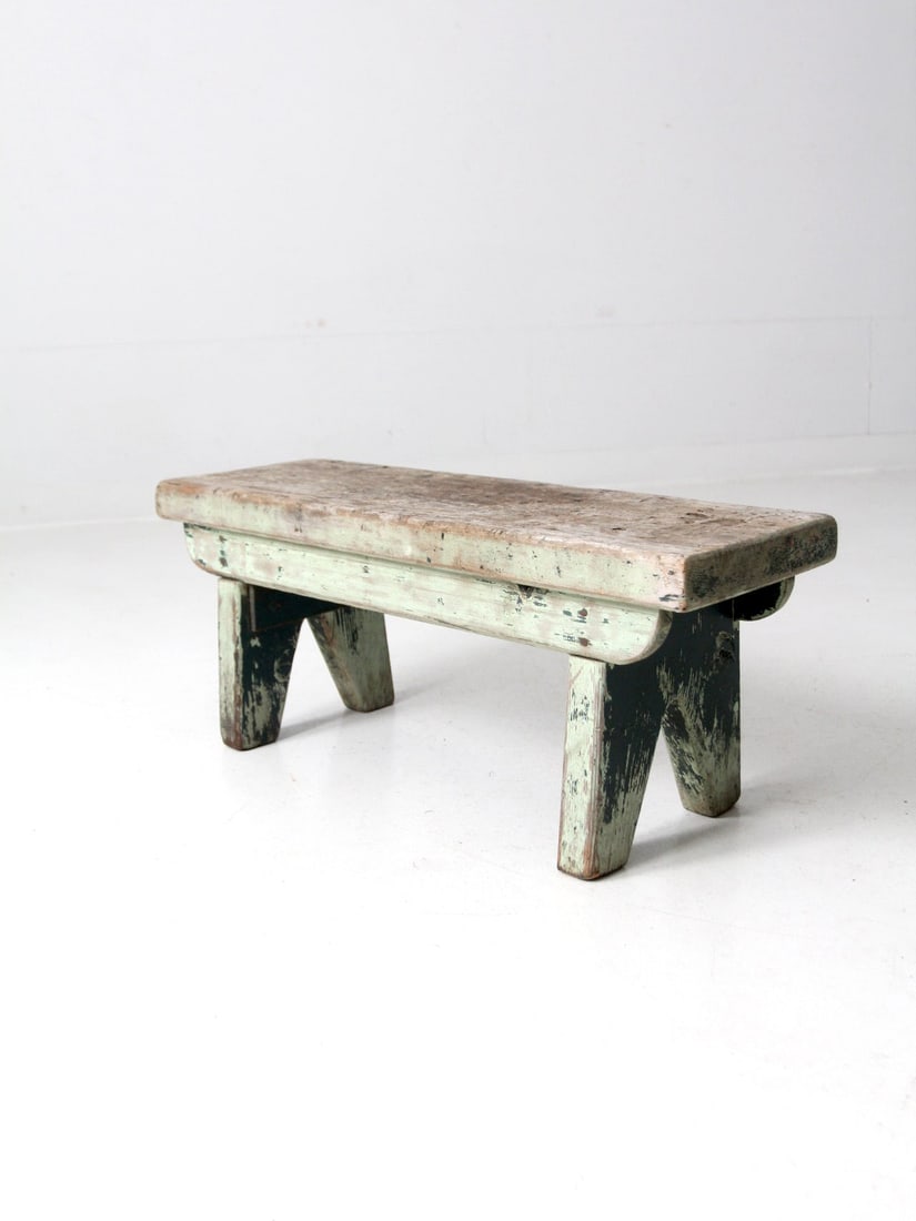 19th Century Antique Primitive Wooden Footstool with Green Finish (1 of 10)