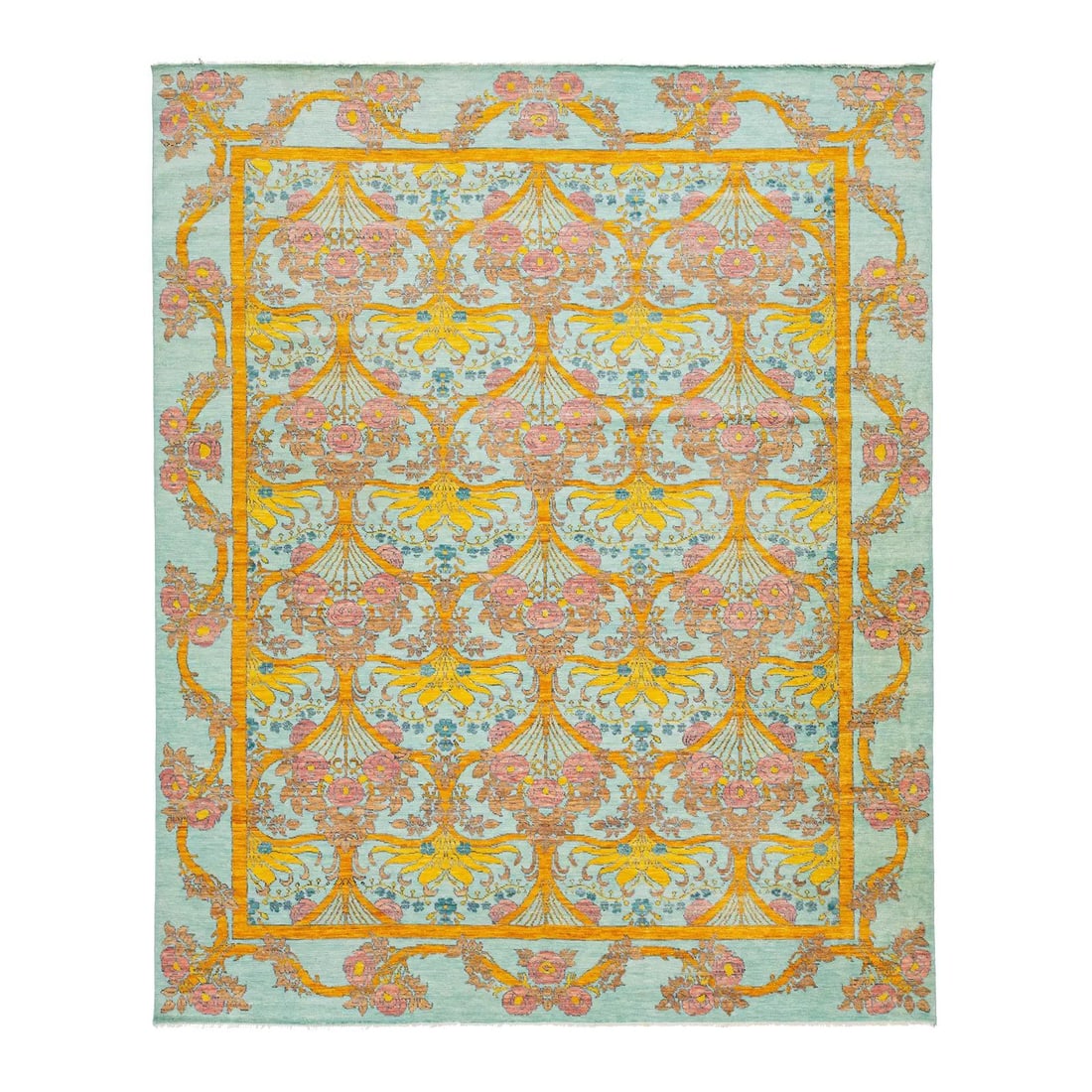 12'4 x 15'1 Modern Oushak Style Wool Rug Light Blue Floral Design: 12'4 x 15'1 Modern Oushak Style Wool Rug Light Blue Floral Design Transform your space with this Modern Oushak Style Wool Rug, which beautifully combines traditional artistry with contemporary flair.
