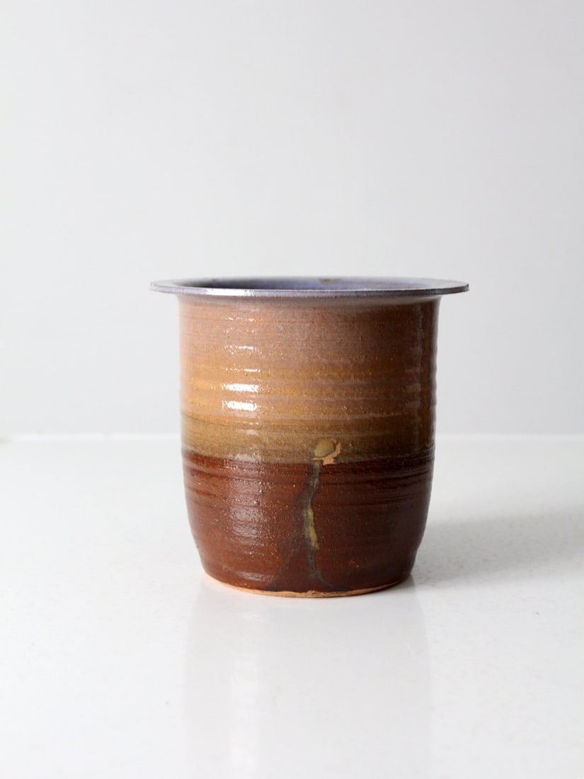 Signed Vintage Studio Pottery Cachepot Brown Tan Glaze 6.625 Inch (1 of 10)