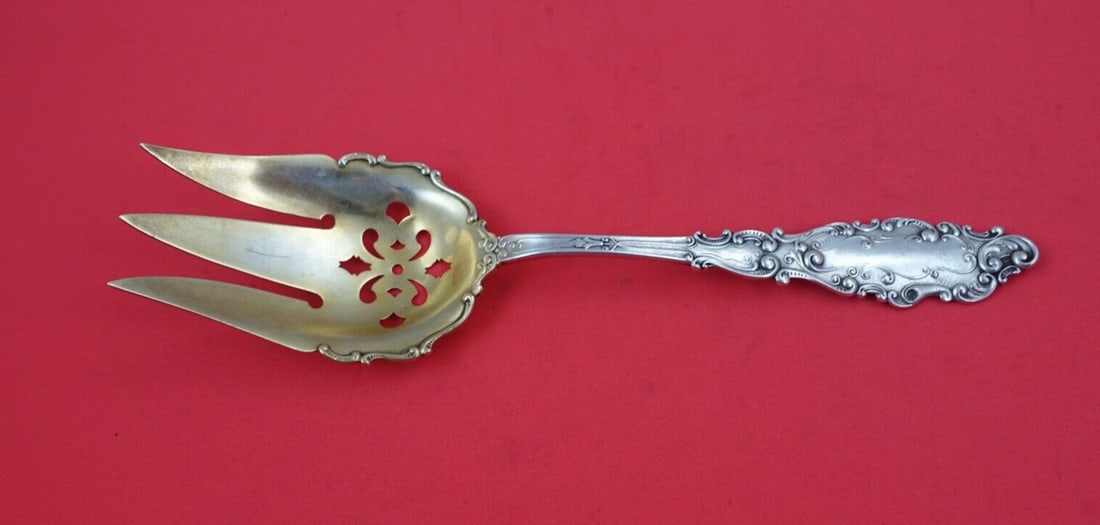 Gorham Luxembourg Sterling Silver Salad Serving Fork 8 5/8" Gold Washed Pierced: Gorham Luxembourg Sterling Silver Salad Serving Fork 8 5/8" Gold Washed Pierced This exquisite salad serving fork from the Luxembourg pattern by Gorham is crafted from sterling silver and features a g