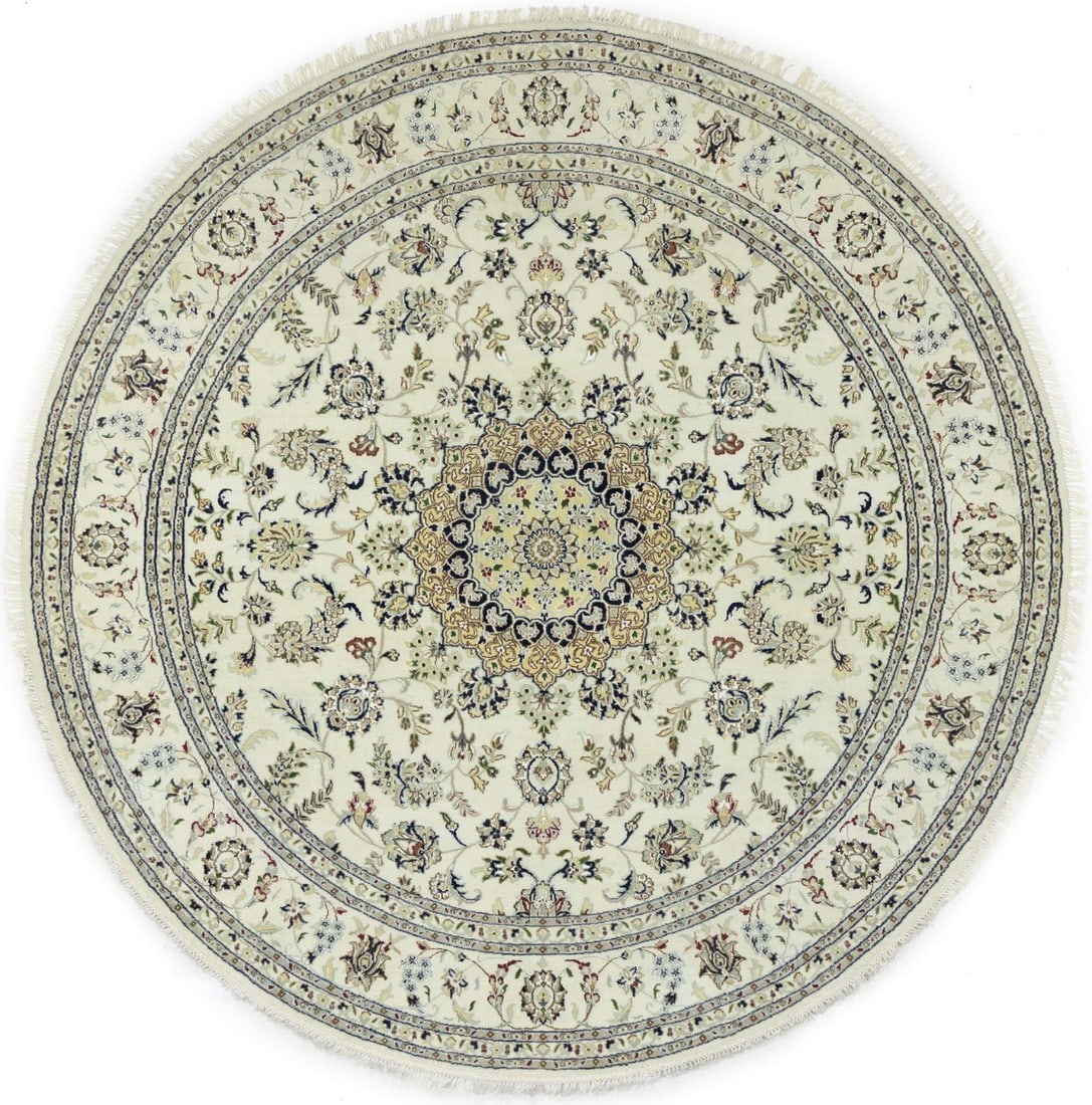 Large 9'1 Round Floral Wool and Silk Hand-Knotted Area Rug from India: Large 9'1 Round Floral Wool and Silk Hand-Knotted Area Rug from India This handmade Indo-Nain round rug features a large floral pattern, crafted from a blend of wool and silk. The rug measures approxi