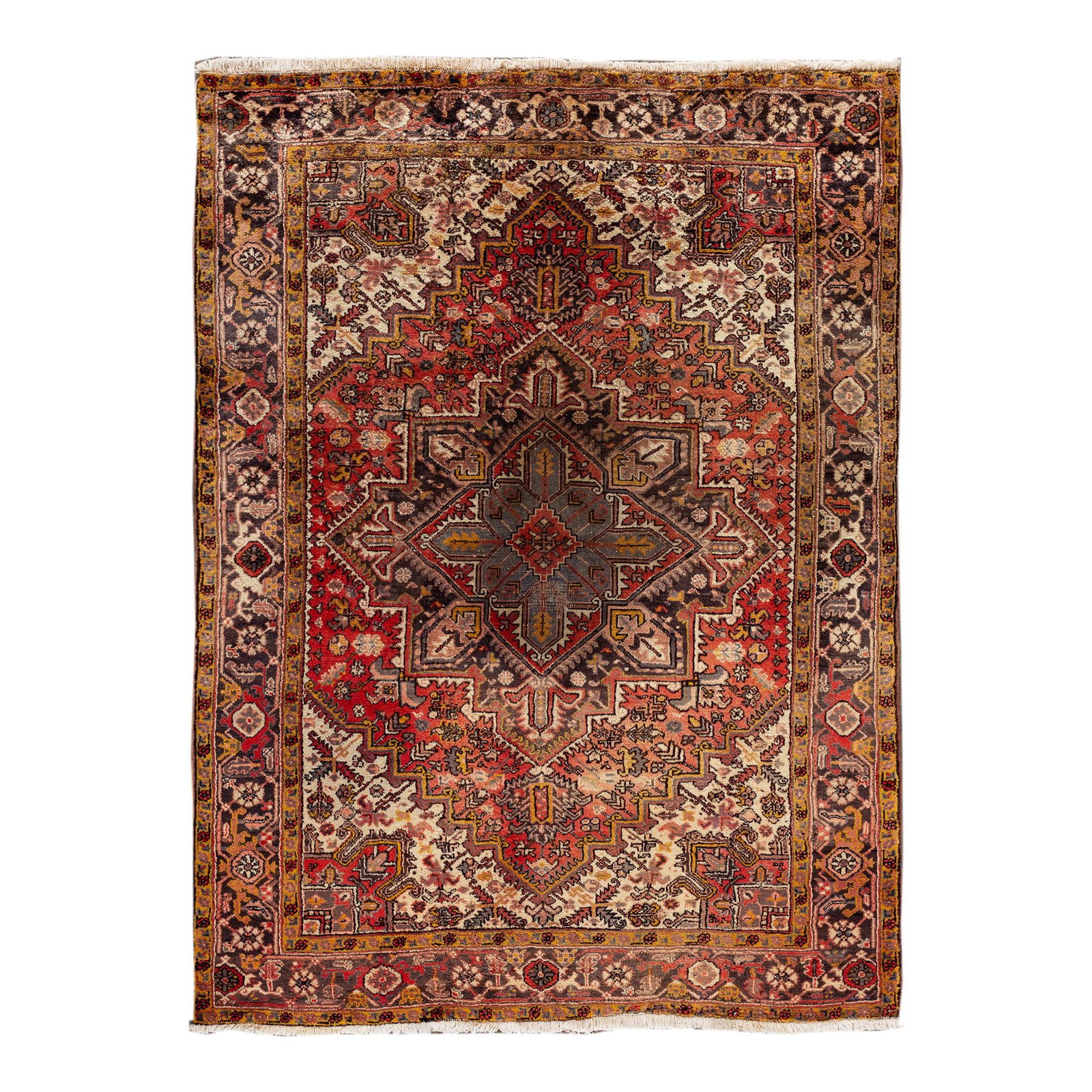 Vintage Persian Heriz Hand-Knotted Red Wool Rug 6'7 x 8'8: Vintage Persian Heriz Hand-Knotted Red Wool Rug 6'7 x 8'8 Enhance your space with this stunning vintage Persian Heriz hand-knotted wool rug featuring a vibrant red field. Adorned with multi-color acce