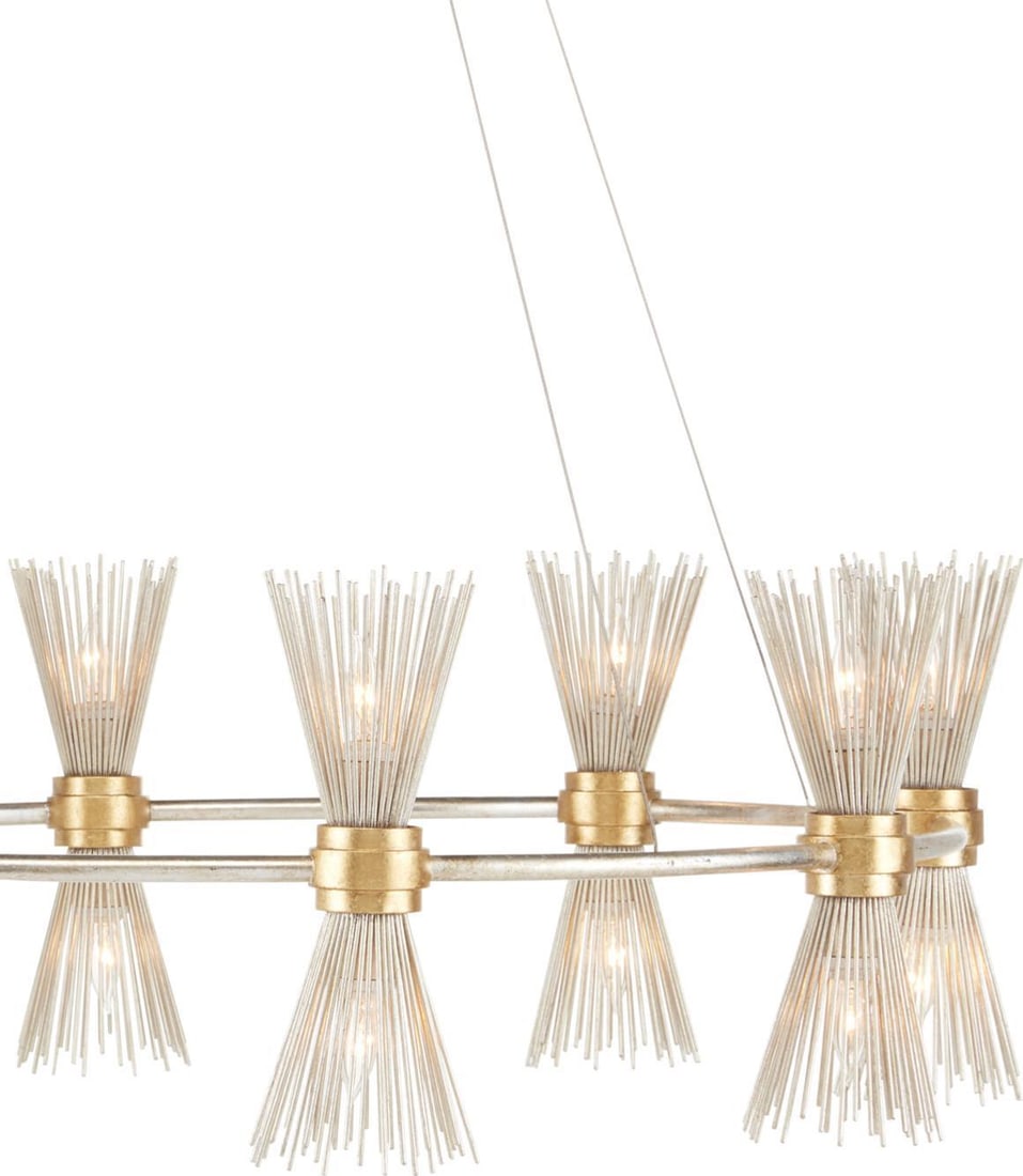 Tom Caldwell Gold Silver Chandelier Currey 16 Bulb Wrought Iron: Tom Caldwell Gold Silver Chandelier Currey 16 Bulb Wrought Iron Illuminate your space with this stunning chandelier by Tom Caldwell, featuring a luxurious blend of contemporary gold and silver leaf fi