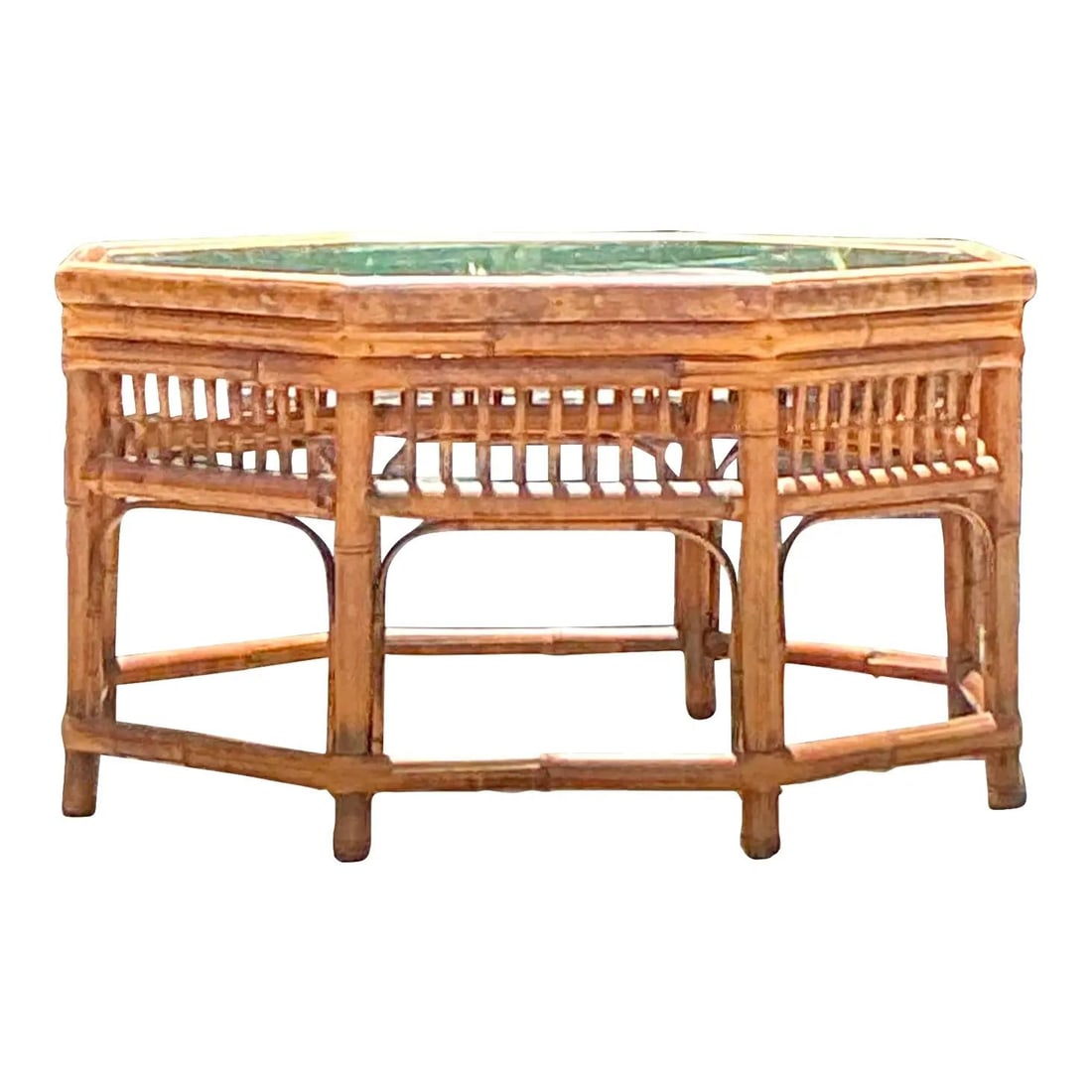 Vintage Boho Bamboo Octagonal Coffee Table with Medallion Detail: Vintage Boho Bamboo Octagonal Coffee Table with Medallion Detail Enhance your living space with this Vintage Boho Bamboo Medallion Octagon Coffee Table, a stunning blend of bohemian elegance and natur