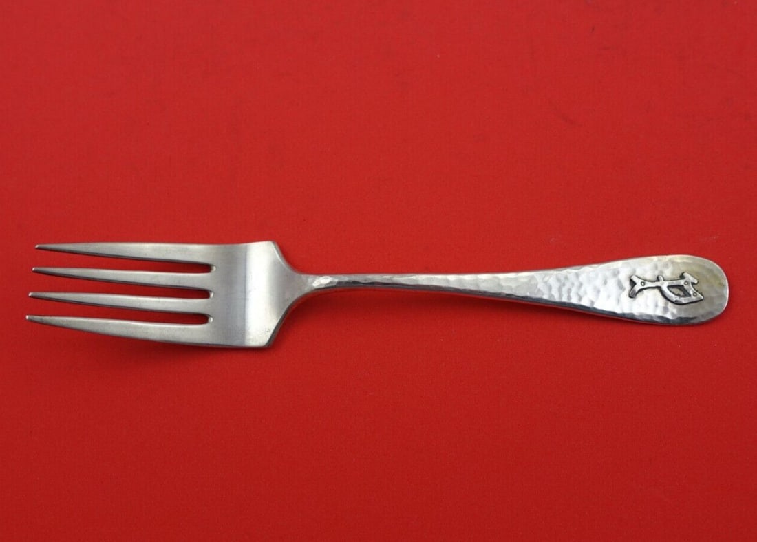 John Bellis Antique Hammered Sterling Silver Salad Fork with P Monogram 6 3/4": John Bellis Antique Hammered Sterling Silver Salad Fork with P Monogram 6 3/4" This exquisite salad fork, crafted by John Bellis, showcases the elegant Antique Hammered pattern. Made from high-quality