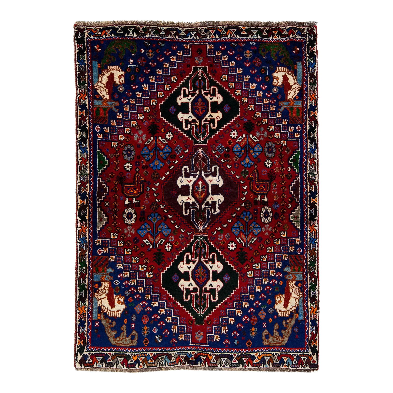 1960s Handmade Shiraz Wool Rug Red Geometric Design 3'6" x 5': 1960s Handmade Shiraz Wool Rug Red Geometric Design 3'6" x 5' This stunning vintage Shiraz hand-knotted wool rug features a vibrant red color field accentuated by a beige frame and multicolor geometri