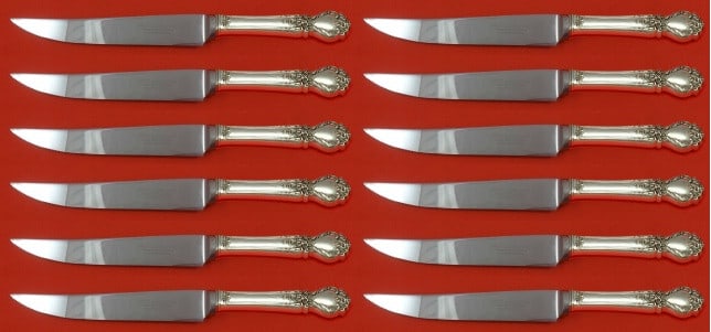International Silver Brocade 12 Piece Sterling Silver Steak Knife Set 8.5": International Silver Brocade 12 Piece Sterling Silver Steak Knife Set 8.5" This exquisite set of 12 steak knives showcases the elegant Brocade pattern by International Sterling. Each knife features a