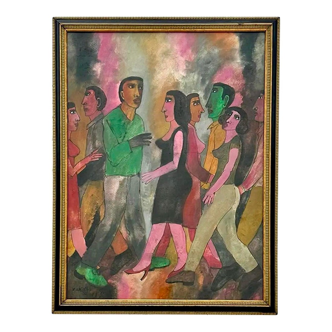 Energetic Watercolor and Ink Artwork Depicting Dancing Figures on Paper: Energetic Watercolor and Ink Artwork Depicting Dancing Figures on Paper This vintage abstract painting features a lively group of dancing figures rendered in watercolor and ink on paper. The artwork s