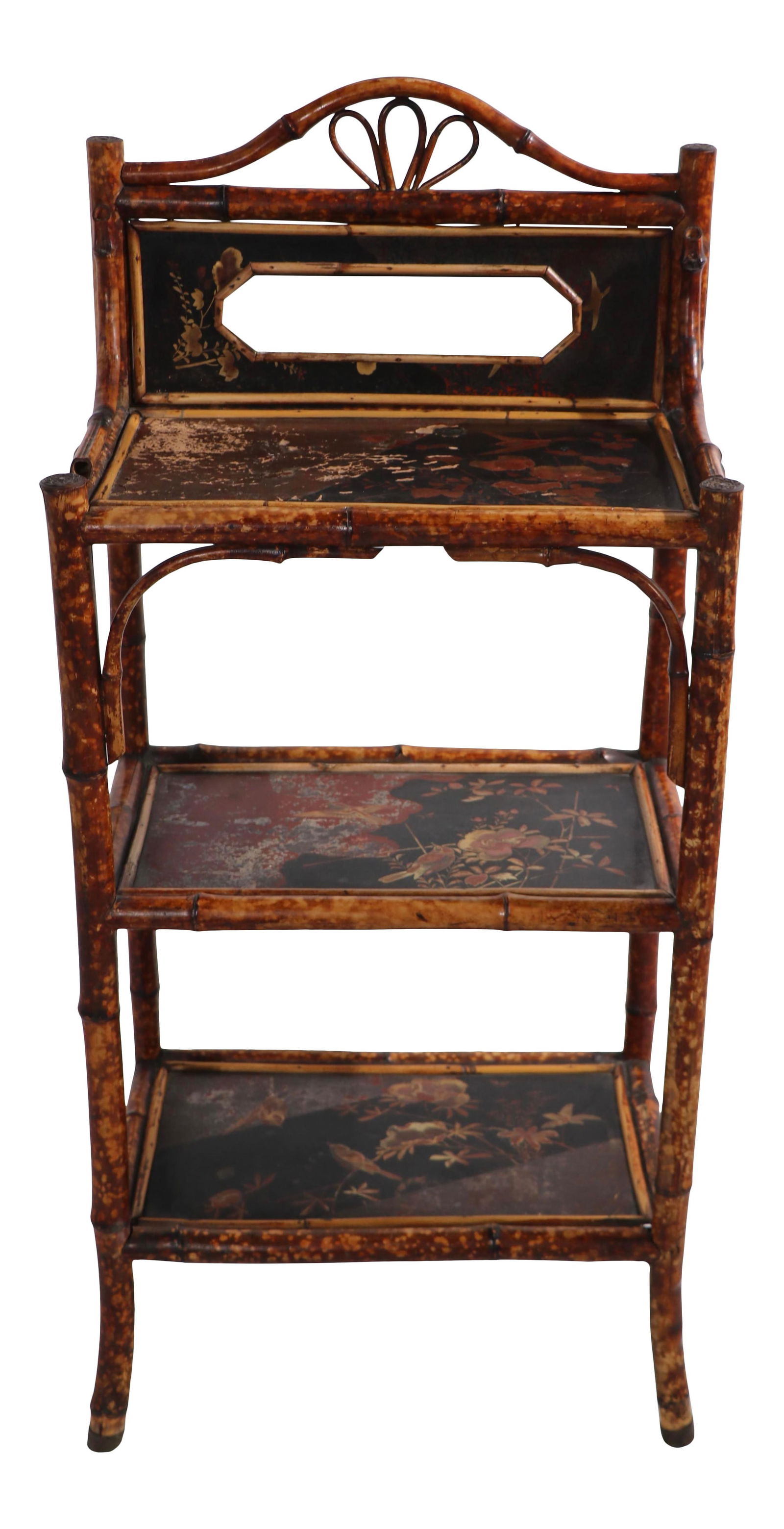 Charming English Victorian Bamboo Lacquer Stand Shelf with Mirrored Backsplash: Charming English Victorian Bamboo Lacquer Stand Shelf with Mirrored Backsplash This elegant English Victorian stand shelf combines the charm of bamboo with a lacquered finish, featuring a mirrored bac