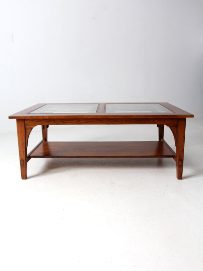 Vintage Wooden Coffee Table with Glass Top and Lower Shelf - 11