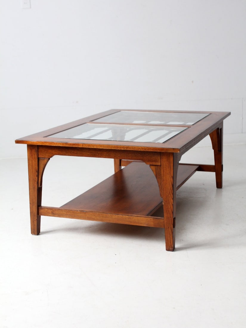Vintage Wooden Coffee Table with Glass Top and Lower Shelf - 14