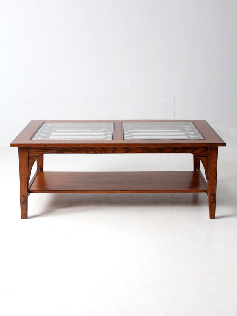 Vintage Wooden Coffee Table with Glass Top and Lower Shelf - 2