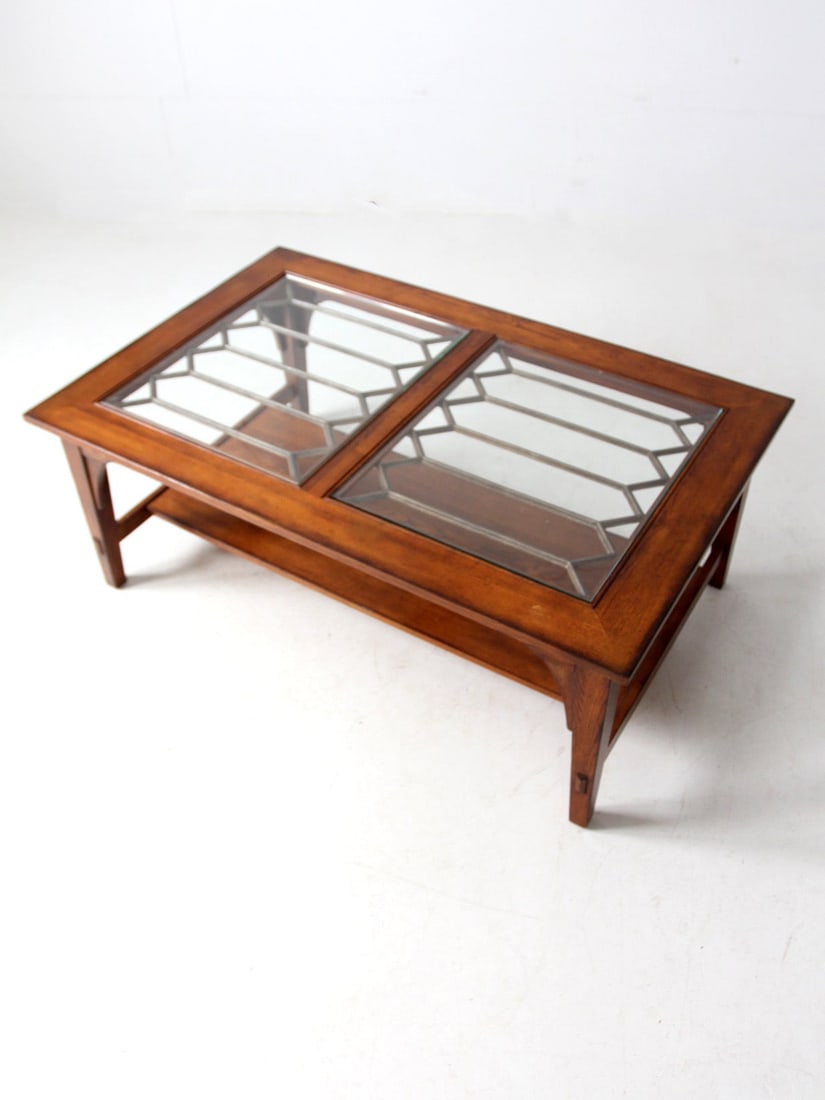 Vintage Wooden Coffee Table with Glass Top and Lower Shelf - 3