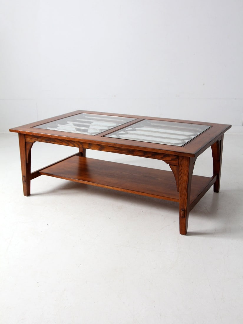 Vintage Wooden Coffee Table with Glass Top and Lower Shelf - 4