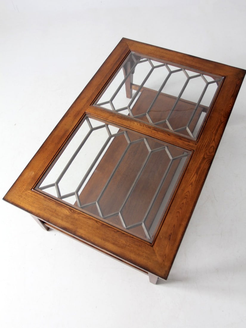 Vintage Wooden Coffee Table with Glass Top and Lower Shelf - 6