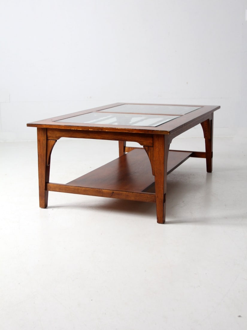 Vintage Wooden Coffee Table with Glass Top and Lower Shelf - 7