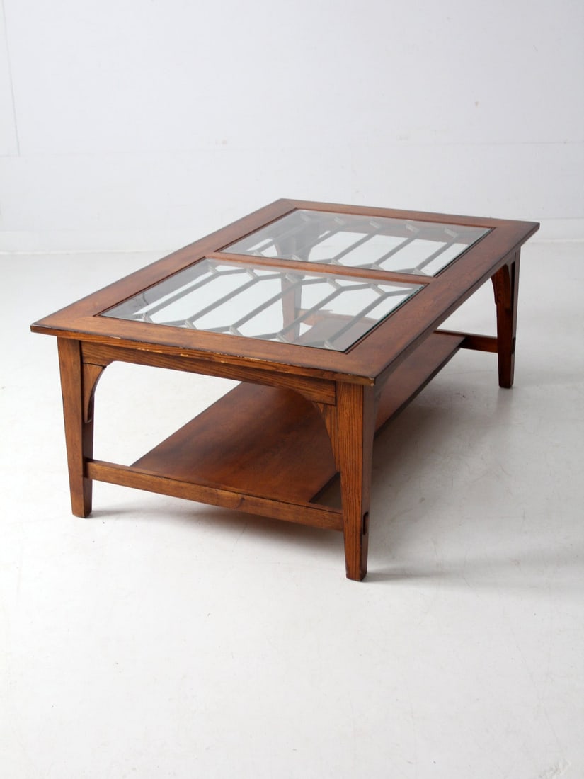 Vintage Wooden Coffee Table with Glass Top and Lower Shelf - 8
