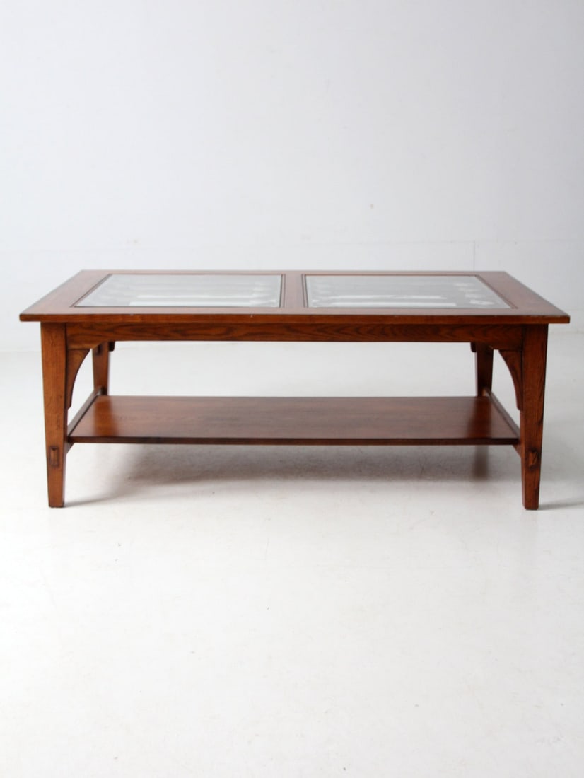 Vintage Wooden Coffee Table with Glass Top and Lower Shelf - 9