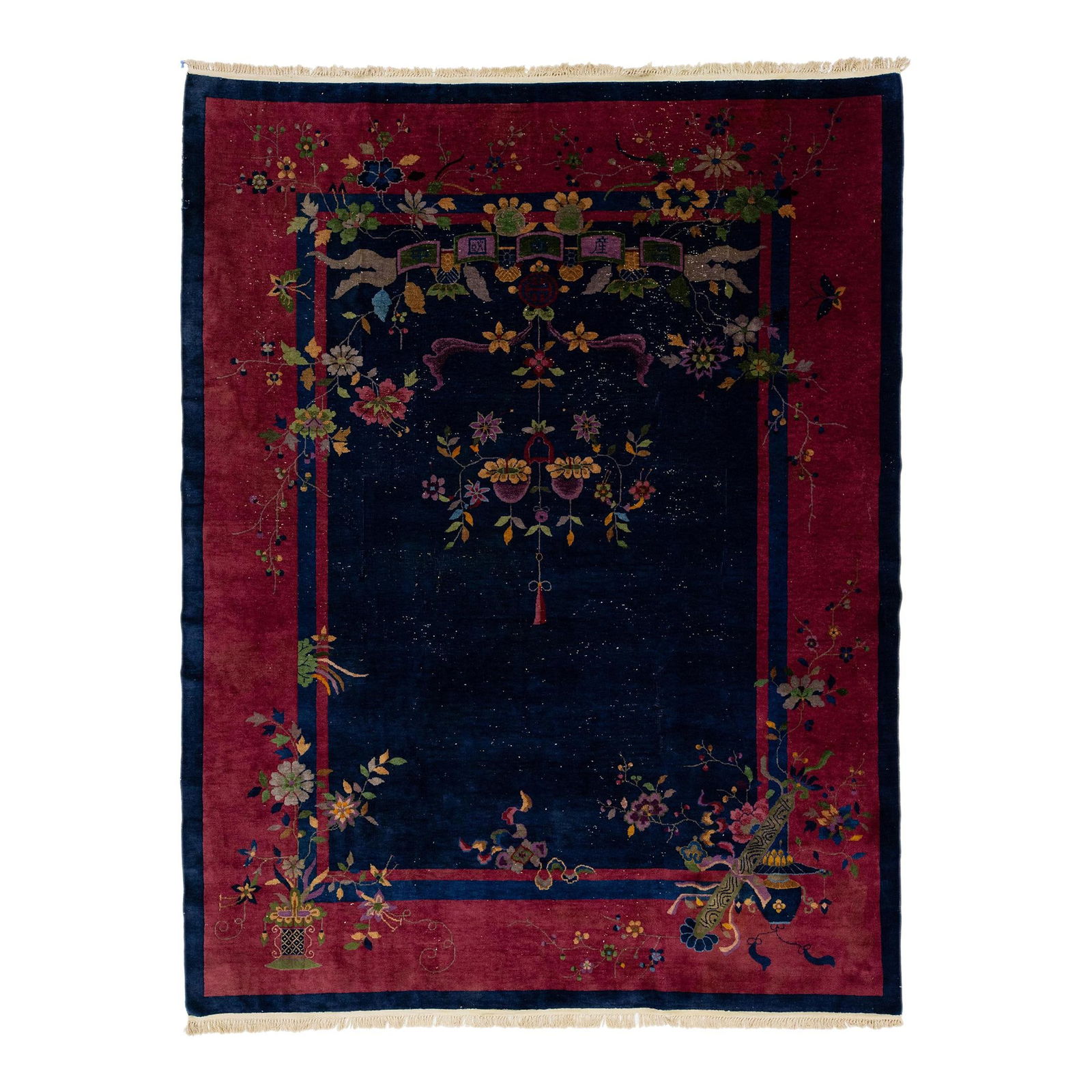 Antique Art Deco Chinese Wool Rug Navy Blue 9' x 11' Classic Design: Antique Art Deco Chinese Wool Rug Navy Blue 9' x 11' Classic Design This exquisite antique Art Deco Chinese wool rug showcases a deep navy blue color field adorned with a decorative red border and vib