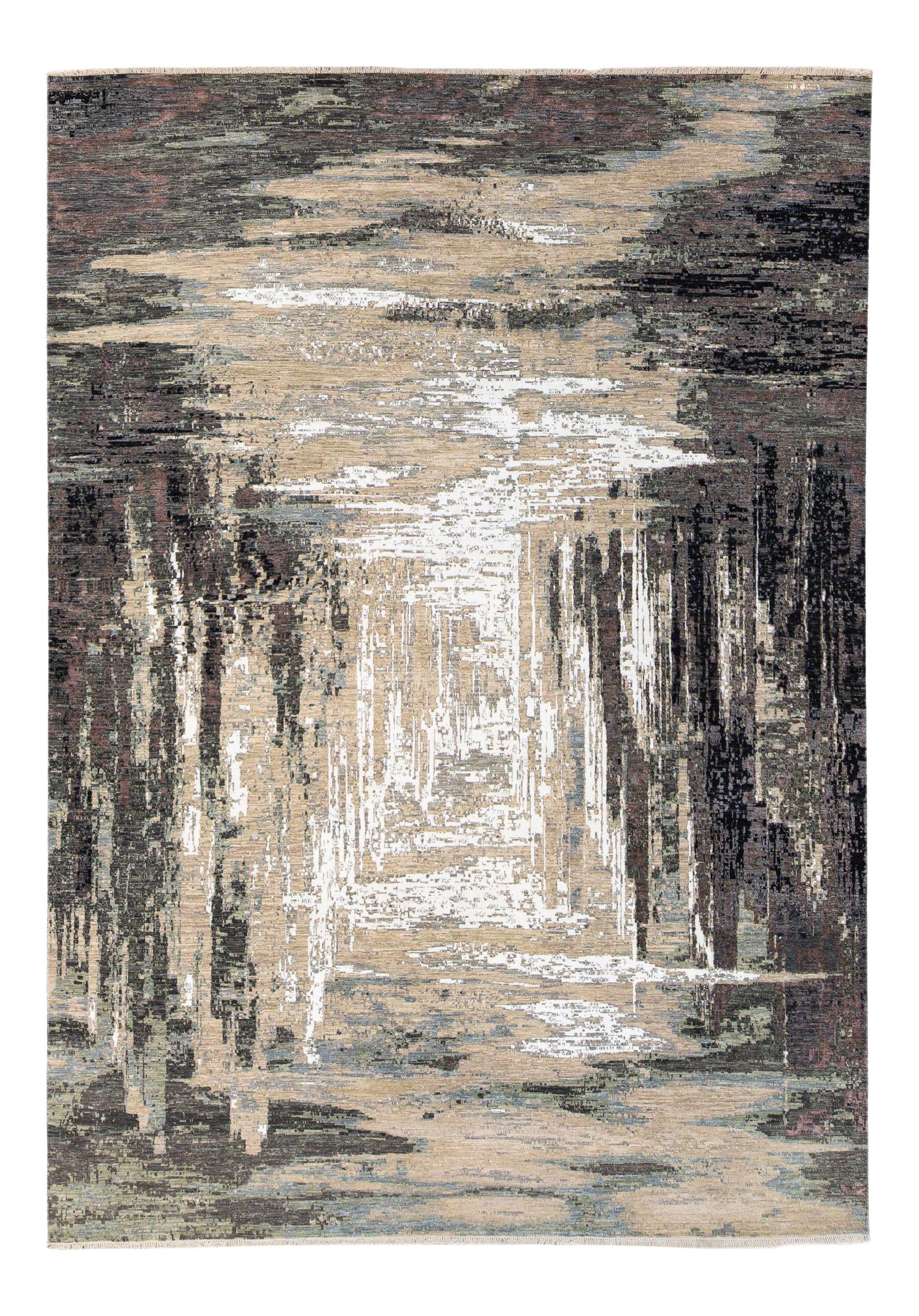 Handmade Indian Abstract Beige Gray Wool Silk Rug 10'1 x 14'3: Handmade Indian Abstract Beige Gray Wool Silk Rug 10'1 x 14'3 Enhance your living space with this stunning modern Indian hand-knotted rug, crafted from a blend of wool and silk. Featuring a soft beige