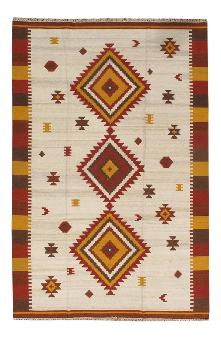 Contemporary Hand-Knotted Wool Kilim Rug 6'9 x 9'9 Ivory: Contemporary Hand-Knotted Wool Kilim Rug 6'9 x 9'9 Ivory Enhance your space with this stunning 21st Century Modern Kilim Rug, featuring a beautiful contemporary flat-weave design. Crafted from hand-kn