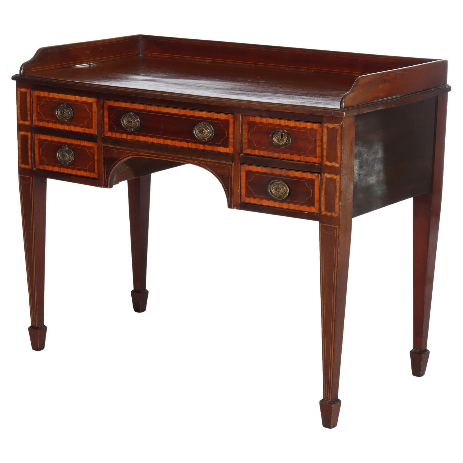 Mahogany and Satinwood English Desk with Inlay circa 1830: Mahogany and Satinwood English Desk with Inlay circa 1830 This antique English George III desk from circa 1830 features solid mahogany construction with elegant satinwood crossbanding and inlaid accen