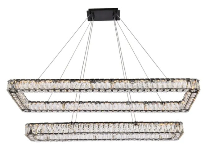 Monroe 50 Inch Black Crystal LED Chandelier for Dining or Foyer: Monroe 50 Inch Black Crystal LED Chandelier for Dining or Foyer This modern 2-tier chandelier features a black finish with royal cut clear crystals, creating a striking focal point for any dining room