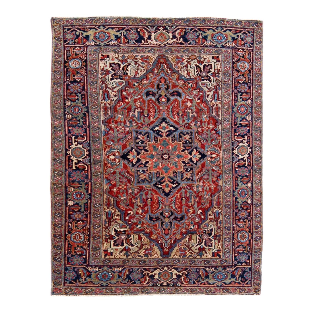 Antique Persian Heriz Red Wool Rug Handmade Floral Design 4'11 x 6'4: Antique Persian Heriz Red Wool Rug Handmade Floral Design 4'11 x 6'4 This exquisite antique Heriz rug showcases a stunning hand-knotted craftsmanship, featuring a vibrant red color field adorned with