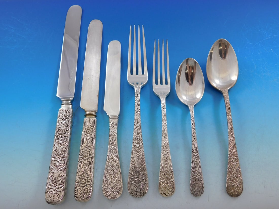 Tiffany & Co Antique Custom Engraved Sterling Silver Flatware Set 85 pcs: Tiffany & Co Antique Custom Engraved Sterling Silver Flatware Set 85 pcs Discover a remarkable 85-piece antique custom engraved flatware set crafted by Tiffany & Co. This exquisite collection, compose