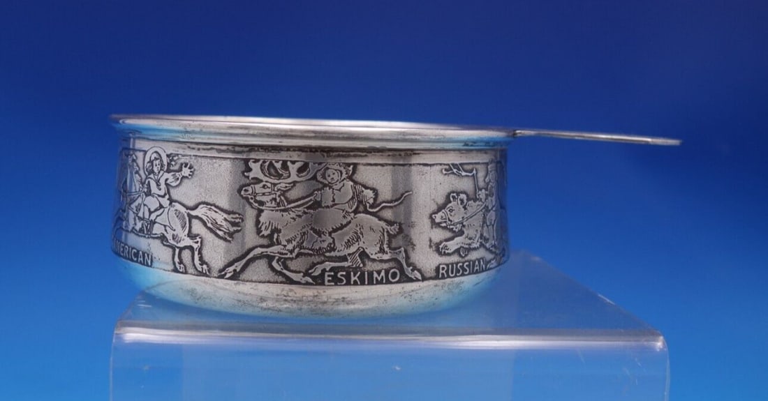 Wm Kerr Sterling Silver Porringer Children Riding Animals Monogrammed: Wm Kerr Sterling Silver Porringer Children Riding Animals Monogrammed This exquisite Wm. Kerr sterling silver porringer bowl showcases a finely detailed design of children from around the world riding