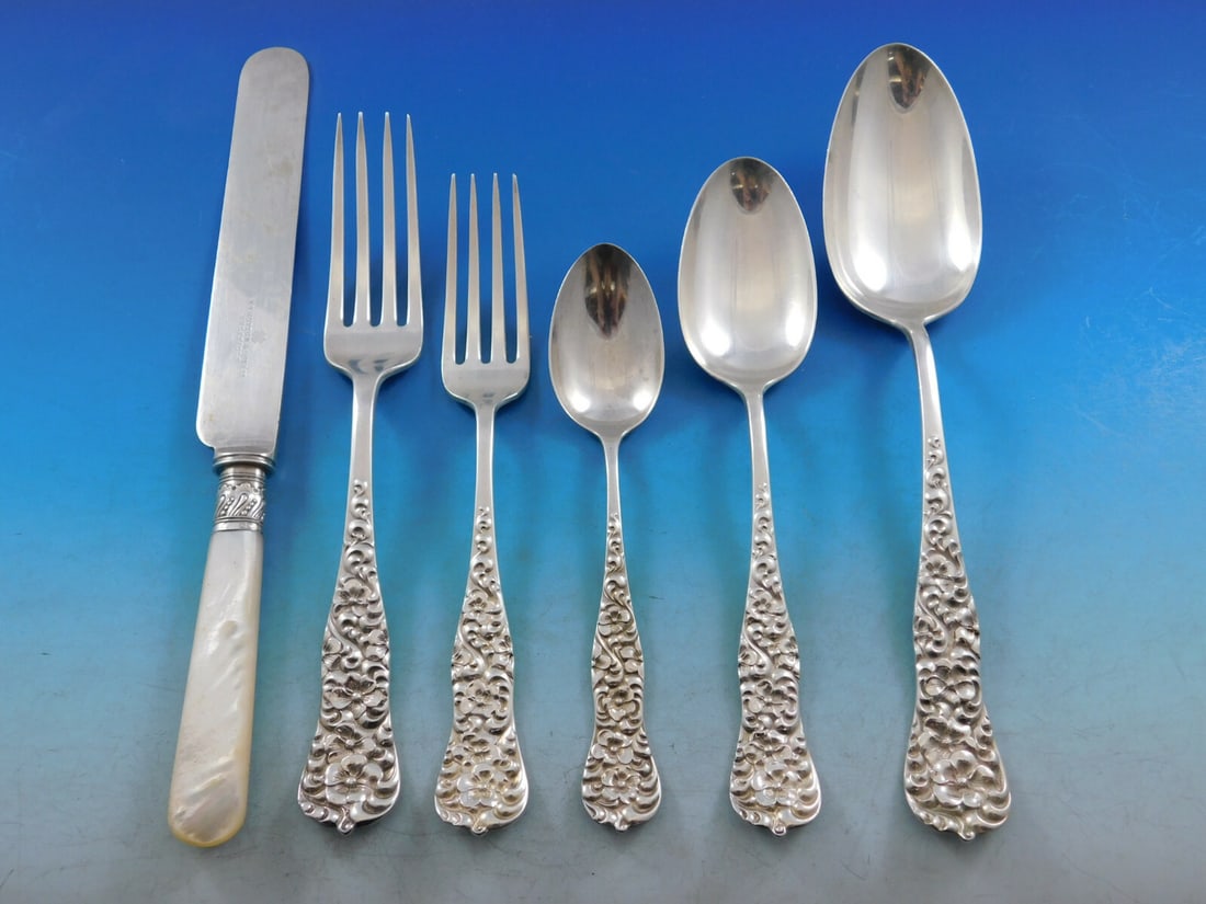 Dominick & Haff Rococo Sterling Silver Flatware Set 72 Pieces Service for 12: Dominick & Haff Rococo Sterling Silver Flatware Set 72 Pieces Service for 12 This exquisite Rococo flatware set by Dominick & Haff showcases a stunning pattern from the late 19th century. Crafted from