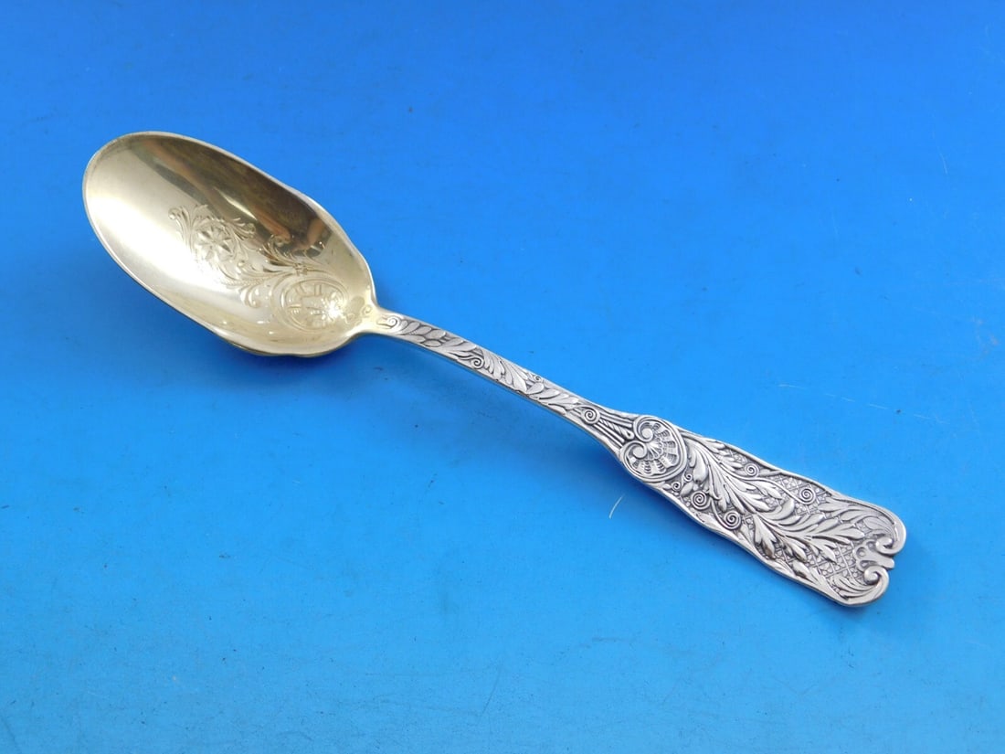 Gorham St. Cloud Sterling Silver Ice Cream Spoon 6" Brite-Cut Monogrammed: Gorham St. Cloud Sterling Silver Ice Cream Spoon 6" Brite-Cut Monogrammed Indulge in the elegance of the Saint Cloud by Gorham Sterling Silver Ice Cream Spoon. This vintage piece features a stunning b