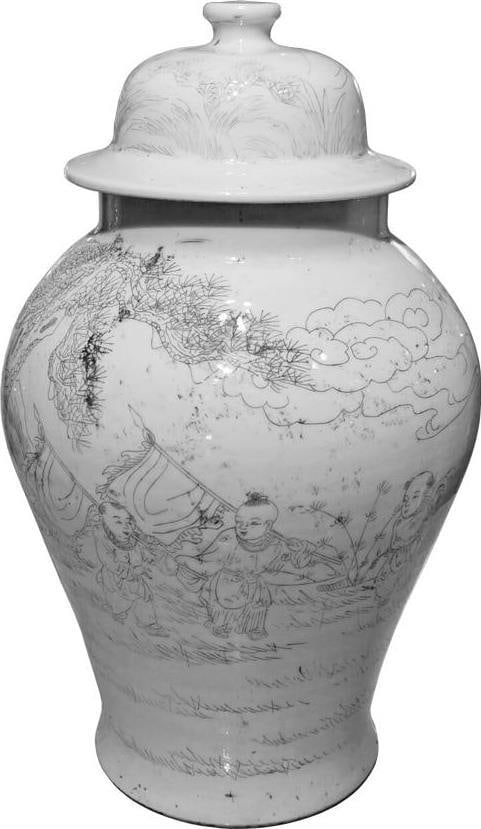 Handmade Asian Antique Style Temple Jar with Carved People Design: Handmade Asian Antique Style Temple Jar with Carved People Design This elegant temple jar showcases a beautifully carved design featuring intricate depictions of people, capturing the essence of Asian