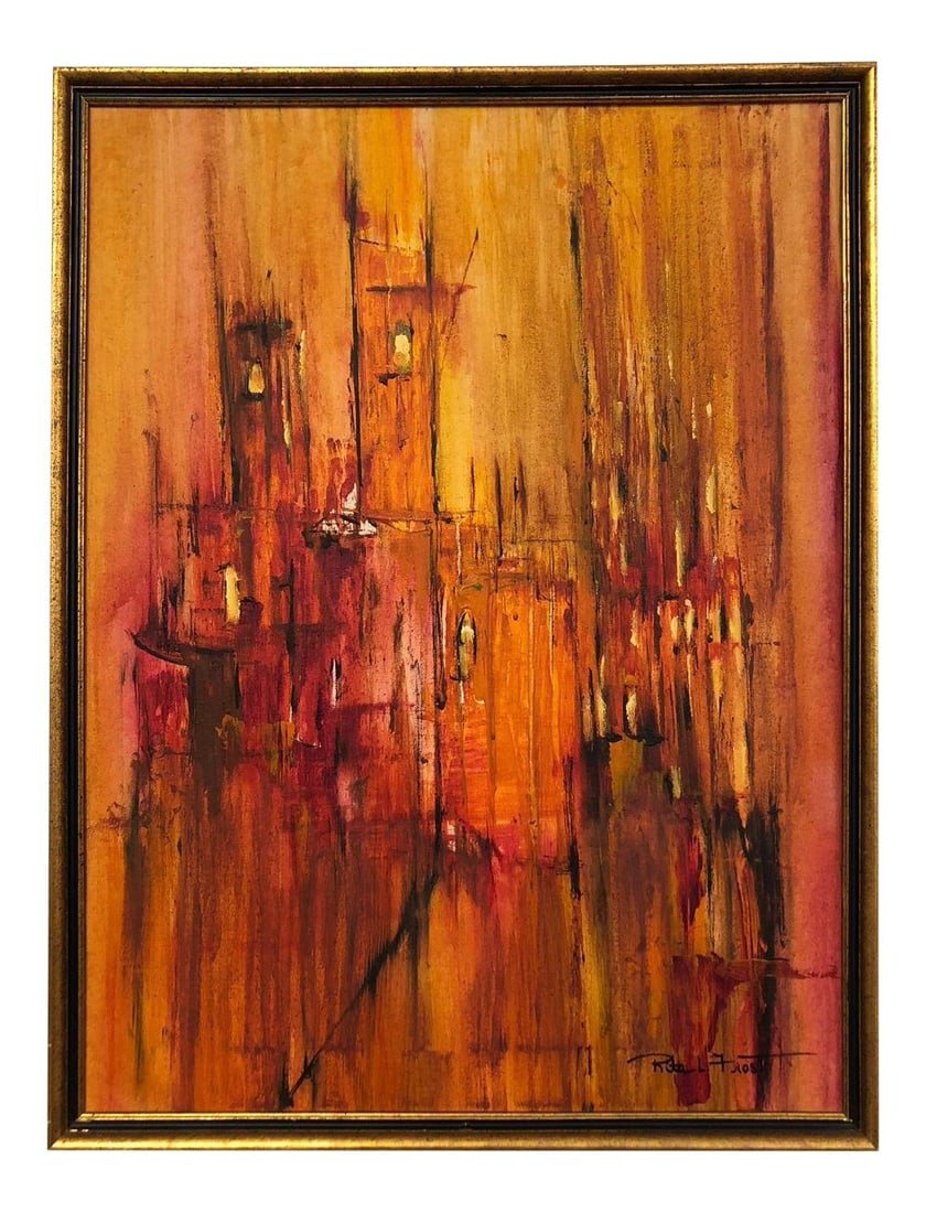 Rita Frost Mid Century Modern Abstract Oil Painting: Rita Frost Mid Century Modern Abstract Oil Painting Discover a stunning mid-century modern original abstract painting by Rita Frost, featuring a vibrant mix of orange and red hues. This captivating ar