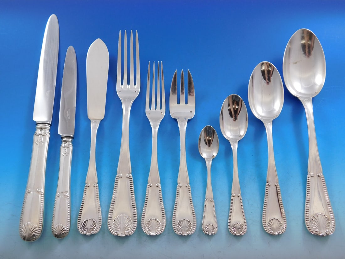 Tetard Freres Shell & Bead 950 Silver Flatware Set 128 pcs France: Tetard Freres Shell & Bead 950 Silver Flatware Set 128 pcs France Experience the elegance of French craftsmanship with this outstanding Tetard Freres Shell & Bead 950 Silver Flatware Set, comprising 1