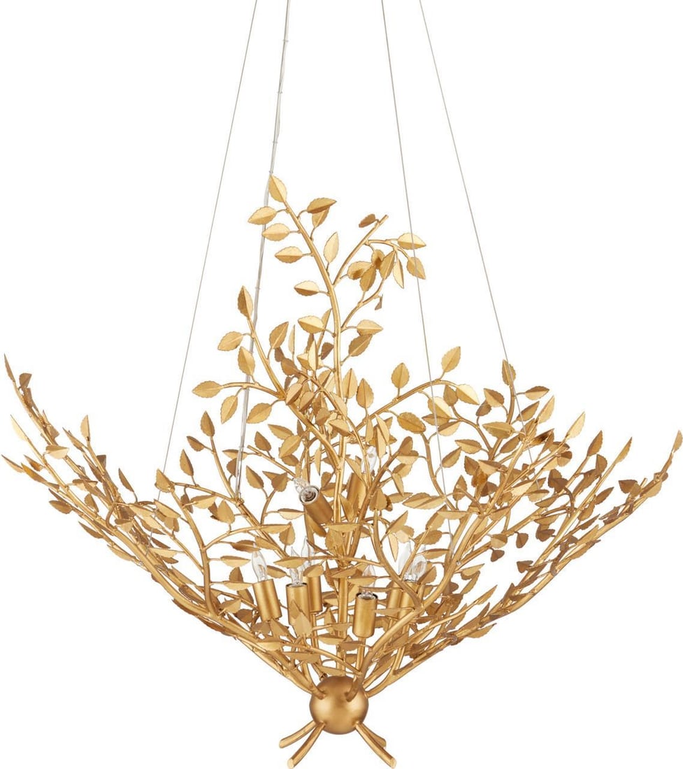 Currey Huckleberry Gold Leaf Chandelier 8 Bulb Adjustable Height: Currey Huckleberry Gold Leaf Chandelier 8 Bulb Adjustable Height Illuminate your space with this Elegant Gold Leaf Chandelier, showcasing a harmonious blend of contemporary style and historical charm.