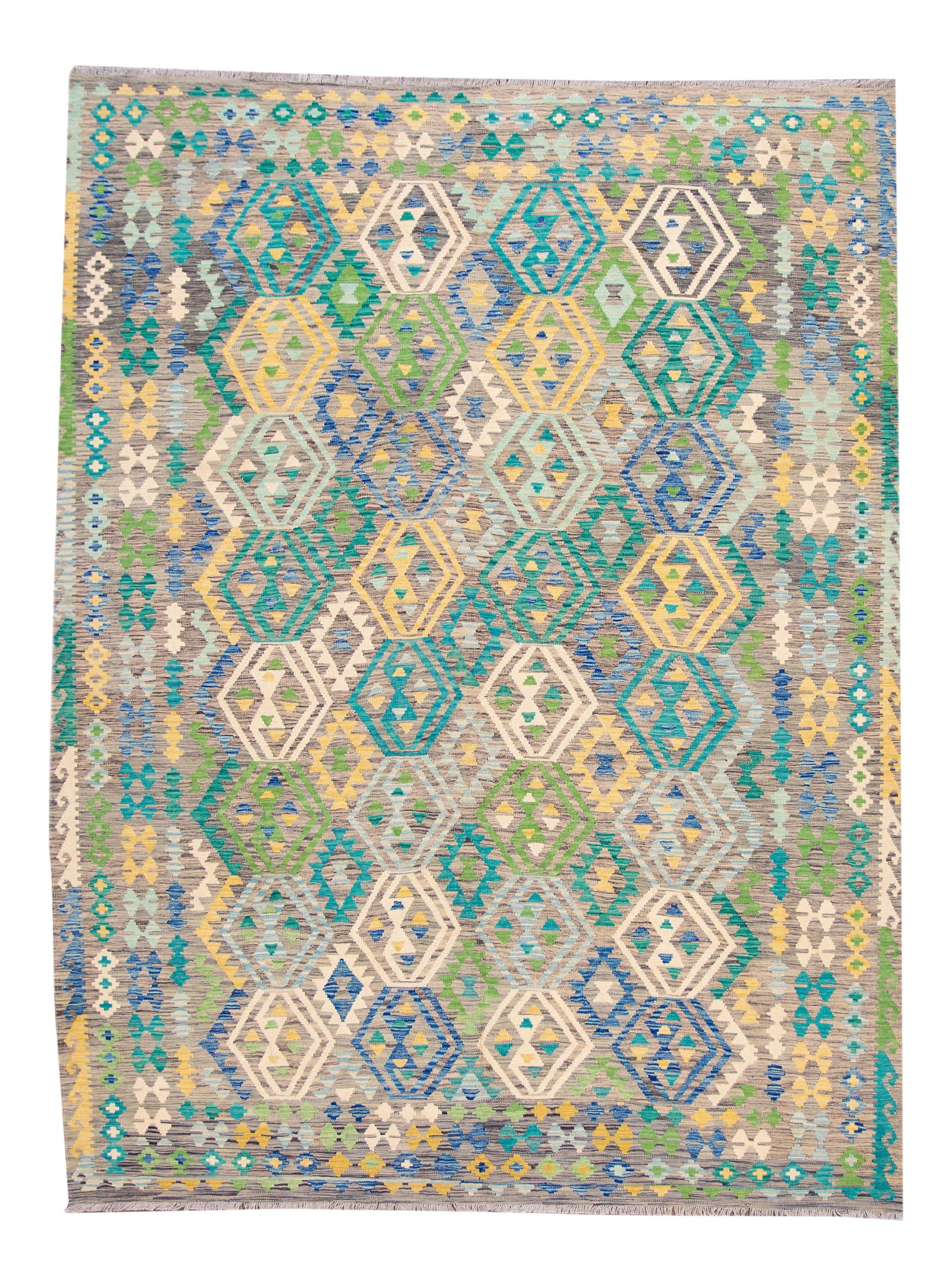 Modern Geometric Kilim Wool Rug 8'8 x 12'5 Multi-Color: Modern Geometric Kilim Wool Rug 8'8 x 12'5 Multi-Color Transform your space with this beautiful Modern Kilim hand-made Wool Rug. Featuring a vibrant multi-color field adorned with an all-over geometri
