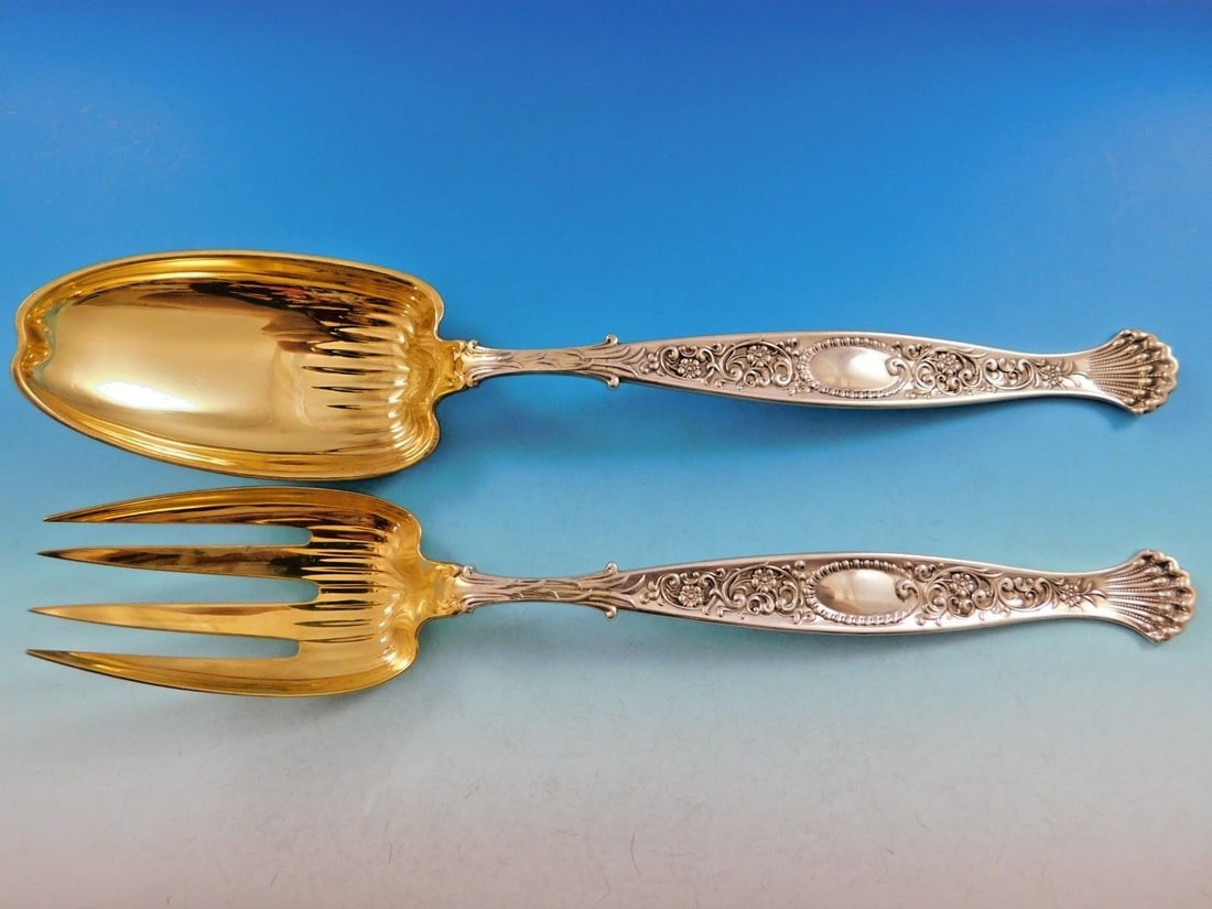 Whiting Hyperion 12 Inch Sterling Silver Salad Serving Set 2-Piece Gold-Wash: Whiting Hyperion 12 Inch Sterling Silver Salad Serving Set 2-Piece Gold-Wash Discover this exquisite 2-piece salad serving set from the renowned Whiting Manufacturing Company, crafted in sterling silv