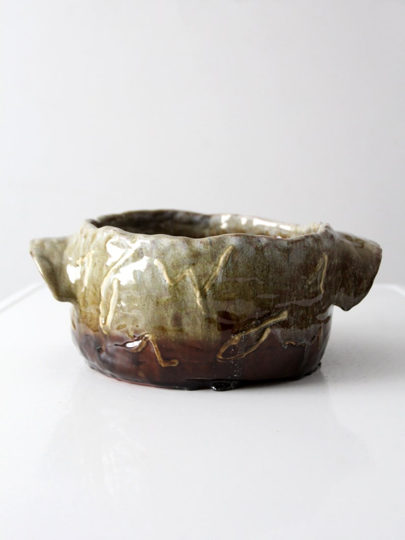 Handmade Wide Form Vintage Studio Pottery Bowl with Layered Green Brown Glaze (1 of 11)