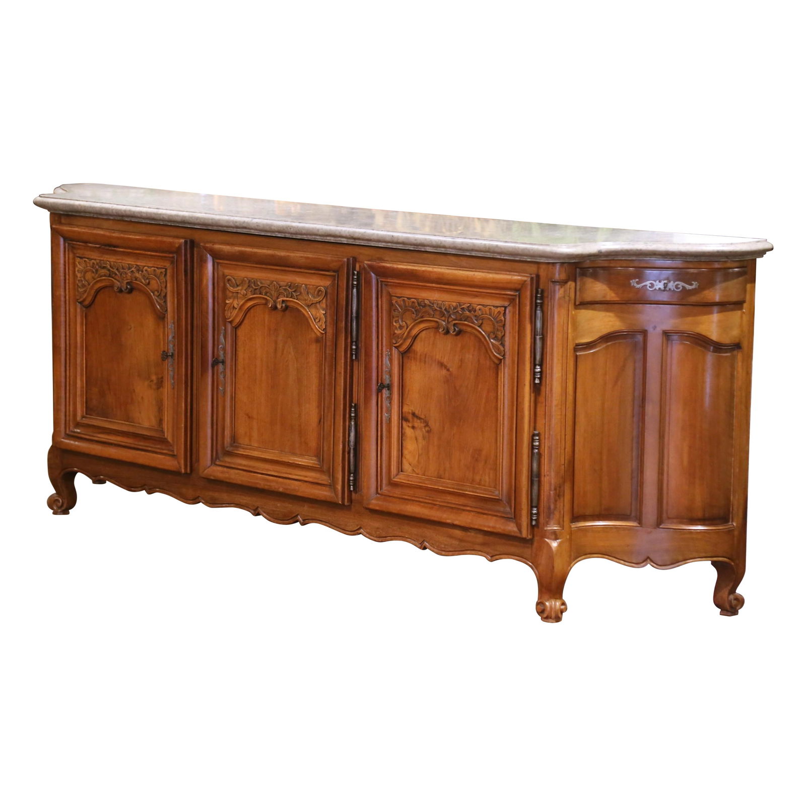 19th Century French Regence Walnut Enfilade with Marble Top and Three Doors: 19th Century French Regence Walnut Enfilade with Marble Top and Three Doors This exquisite 19th-century French Regence enfilade showcases a remarkable blend of craftsmanship and natural beauty. Crafte