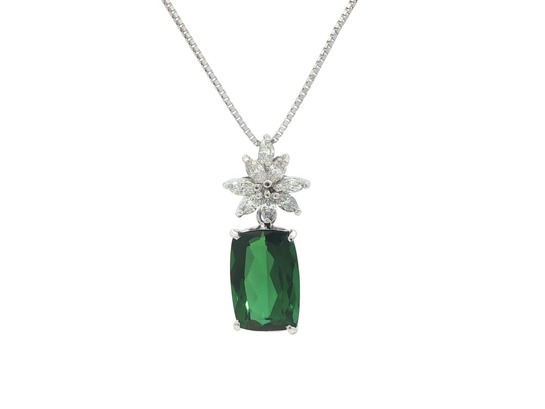 Green Cushion Tourmaline Pendant Necklace with Marquise Diamonds in Platinum: Green Cushion Tourmaline Pendant Necklace with Marquise Diamonds in Platinum This elegant necklace features a natural green tourmaline in an elongated cushion cut, prong set in a solid platinum pendan