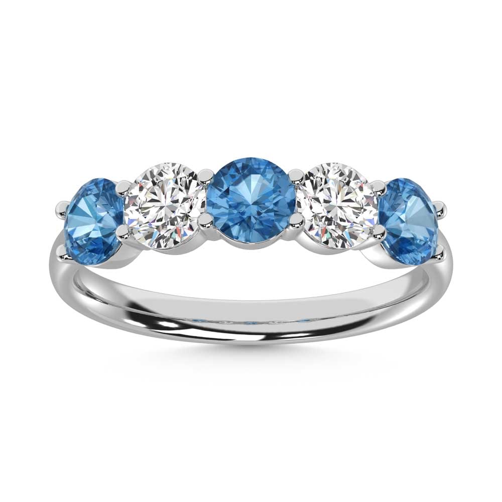 14K White Gold 1 Ct.Tw. 5 Stone Alternate White and Blue Lab Grown Diamond Band: 14K White Gold 1 Ct.Tw. 5 Stone Alternate White and Blue Lab Grown Diamond Band Embodying both elegance and contrast, this 14K White Gold Band features 1 Ct.Tw. of alternating White and Blue Lab Grown