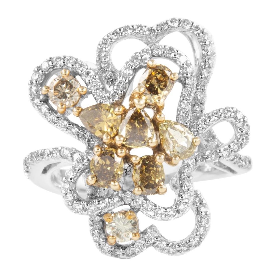 2.06ct Fancy Greenish Yellowish Brown Diamond Cluster Ring 18k Gold Resizable: 2.06ct Fancy Greenish Yellowish Brown Diamond Cluster Ring 18k Gold Resizable This exquisite cluster ring features a stunning array of fancy greenish yellowish brown diamonds, totaling 2.06 carats. Th
