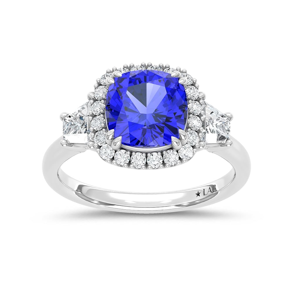 14K White Gold Lab Grown Diamond 3 1/2 Ct.Tw. Cushion Shape Recrystalized Blue Sapphire Engagement: 14K White Gold Lab Grown Diamond 3 1/2 Ct.Tw. Cushion Shape Recrystalized Blue Sapphire Engagement Ring (Center 2 3/4 ct) Exude elegance with this 14K white gold engagement ring, featuring a brilliant