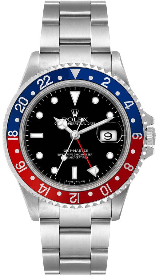 GMT-Master Pepsi 16700 Black Dial Men's Watch with Oyster Bracelet: GMT-Master Pepsi 16700 Black Dial Men's Watch with Oyster Bracelet This is a Rolex GMT-Master Pepsi, reference 16700, featuring a black dial and an aluminum bezel. The watch is equipped with an Oyster