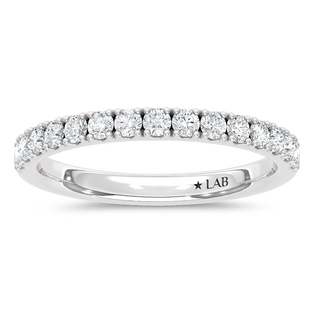 14K White Gold Lab Grown Diamond 3/8 Ct.Tw. Wedding Band: 14K White Gold Lab Grown Diamond 3/8 Ct.Tw. Wedding Band Timelessly elegant, this 14K White Gold Wedding Band features 3/8 Ct.Tw. of Lab Grown Diamonds. The diamonds' exceptional brilliance is enhance