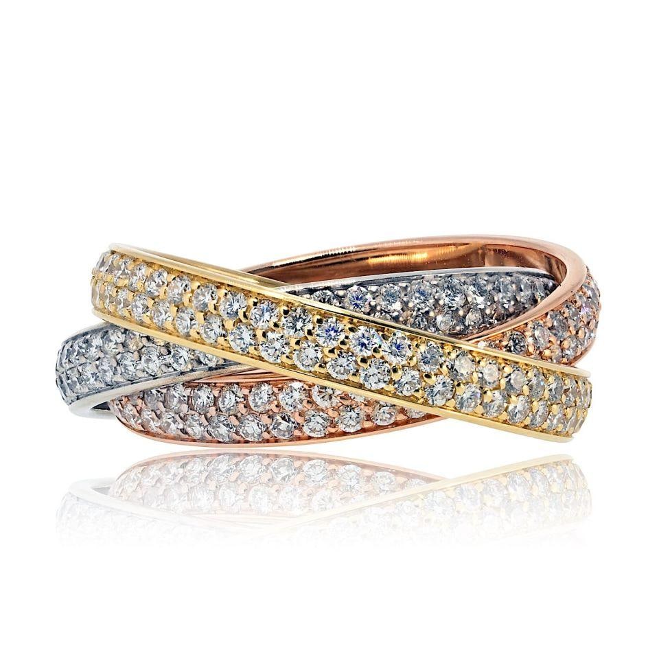 Cartier 18K Tri-Color Diamond Pave Small Model Ring: Cartier 18K Tri-Color Diamond Pave Small Model Ring This exquisite Cartier Trinity ring is crafted from 18K tri-color gold and features a dazzling all pave set design with brilliant round diamonds. Th