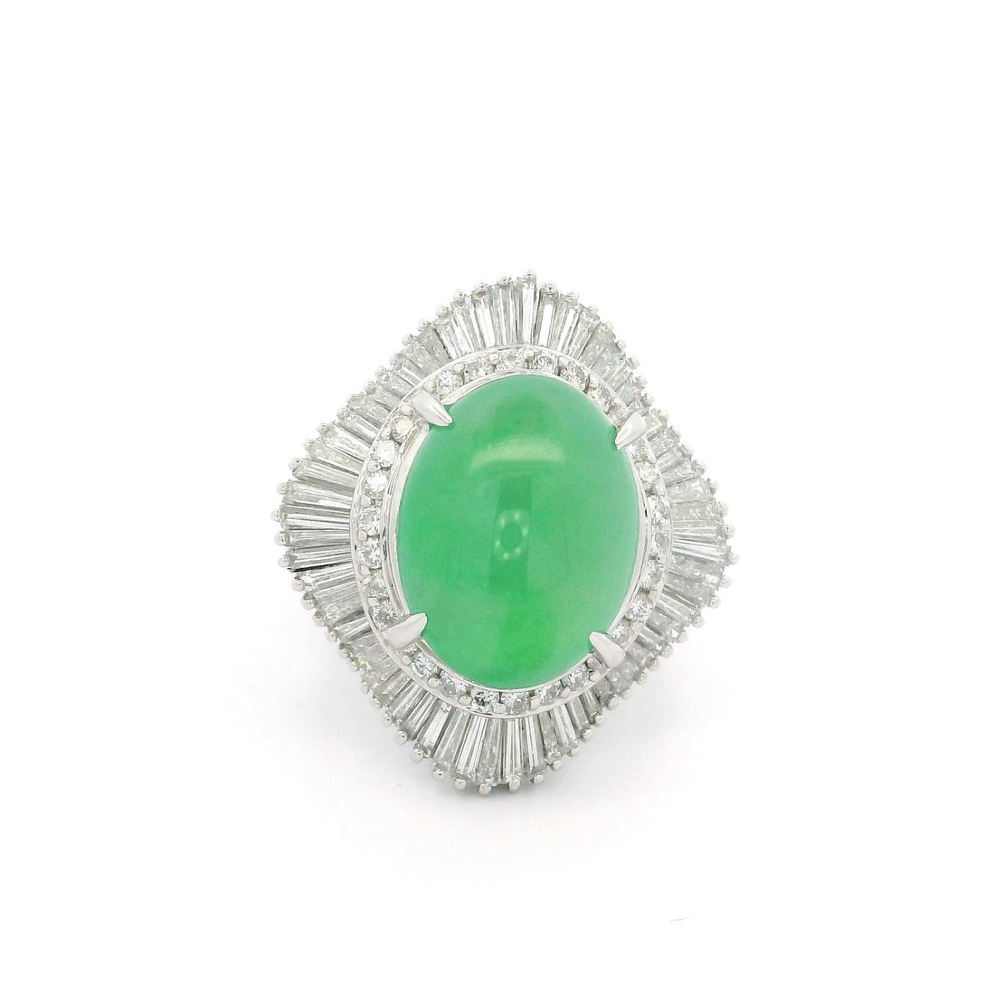 Platinum GIA Certified 7.65ct Burma Jade Diamond Ballerina Ring: Platinum GIA Certified 7.65ct Burma Jade Diamond Ballerina Ring This exquisite cocktail ring features a stunning 6.17ct natural genuine jadeite jade in an oval double cabochon cut, prong set in solid