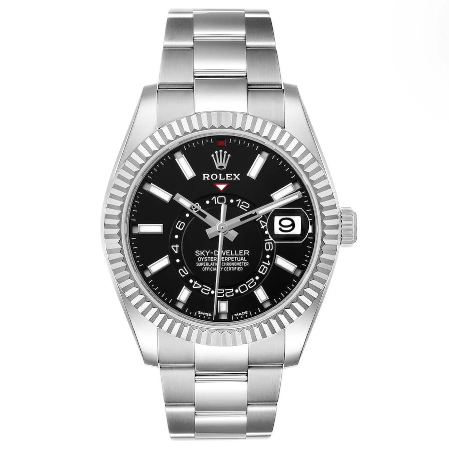 2022 Rolex Sky Dweller 326934 Oyster Bracelet Black Dial Green Card: 2022 Rolex Sky Dweller 326934 Oyster Bracelet Black Dial Green Card This Rolex Sky Dweller features a striking black dial and is paired with the iconic Oyster bracelet. The watch showcases a fluted be